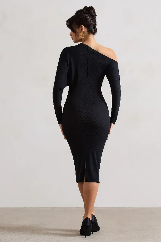 Thora | Black Rib Knit One-Shoulder Midi Dress