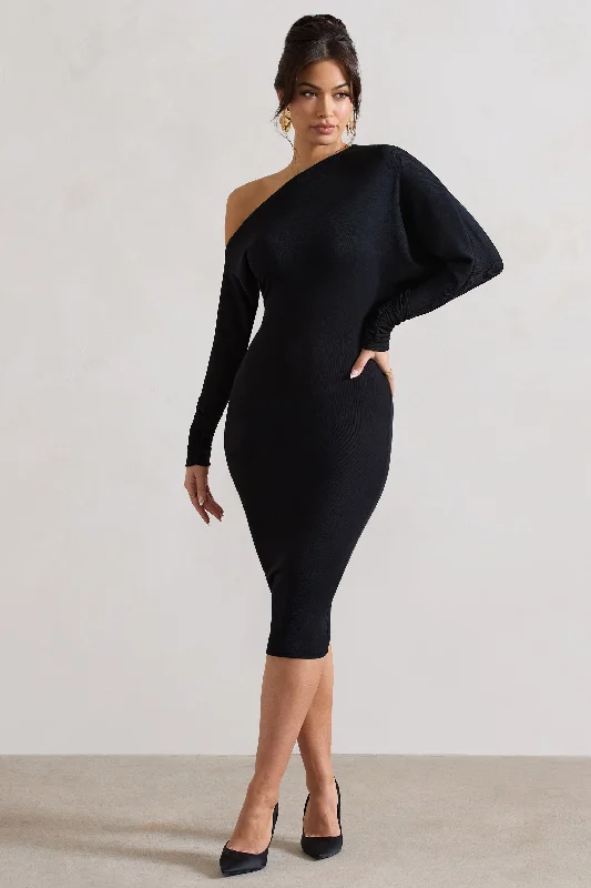 Thora | Black Rib Knit One-Shoulder Midi Dress