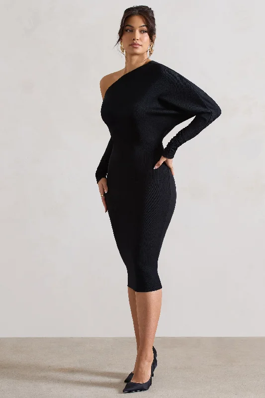 Thora | Black Rib Knit One-Shoulder Midi Dress