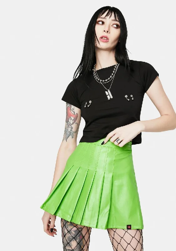 School Neon Green Vegan Leather Pleated Skirt