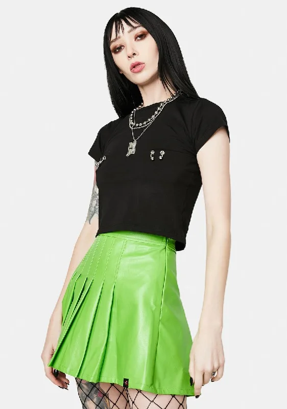 School Neon Green Vegan Leather Pleated Skirt