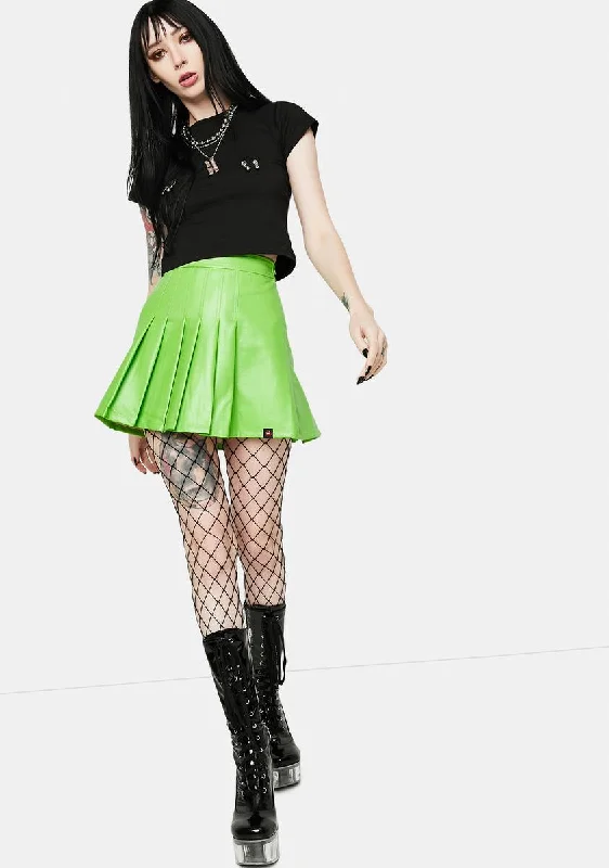 School Neon Green Vegan Leather Pleated Skirt