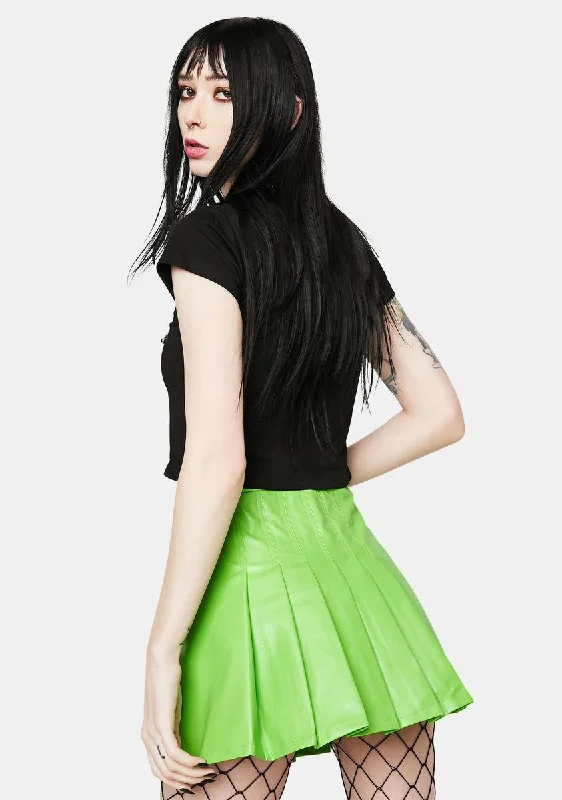 School Neon Green Vegan Leather Pleated Skirt