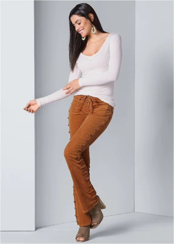 Lace-up corduroy pants - Camel