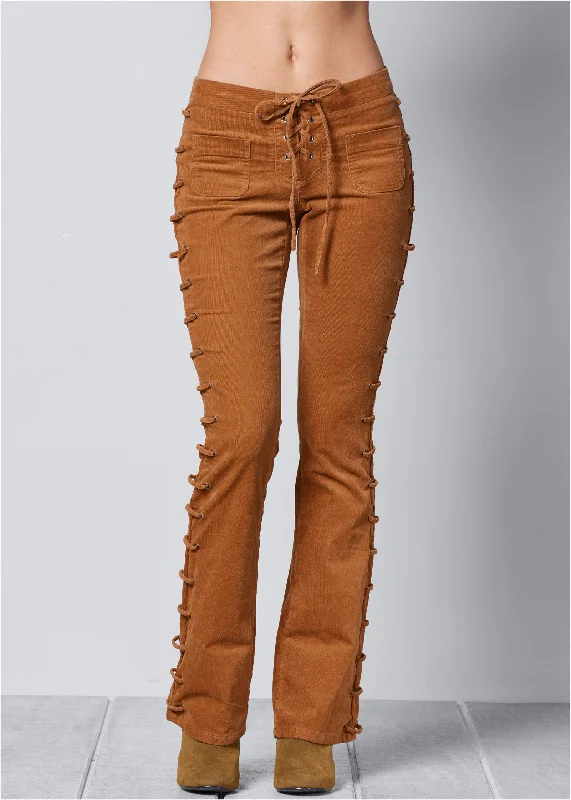 Lace-up corduroy pants - Camel