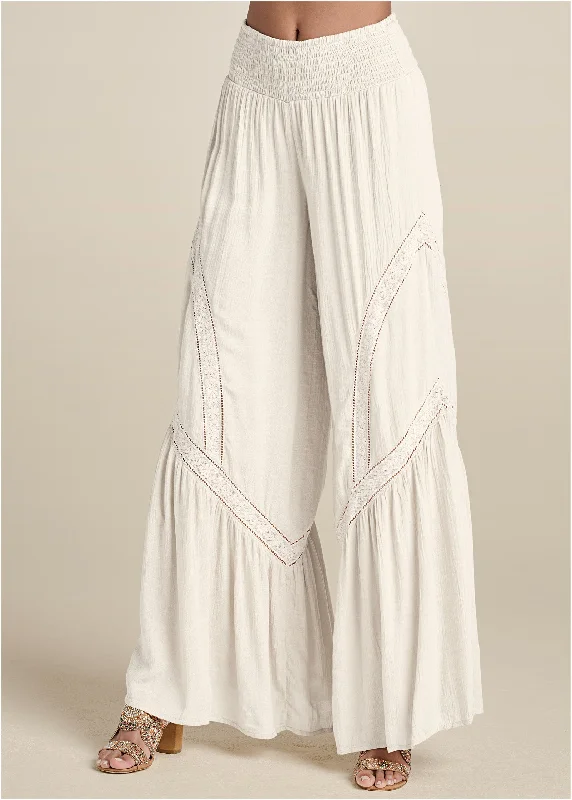 Lace detail wide leg pants - White