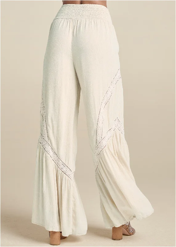 Lace detail wide leg pants - White