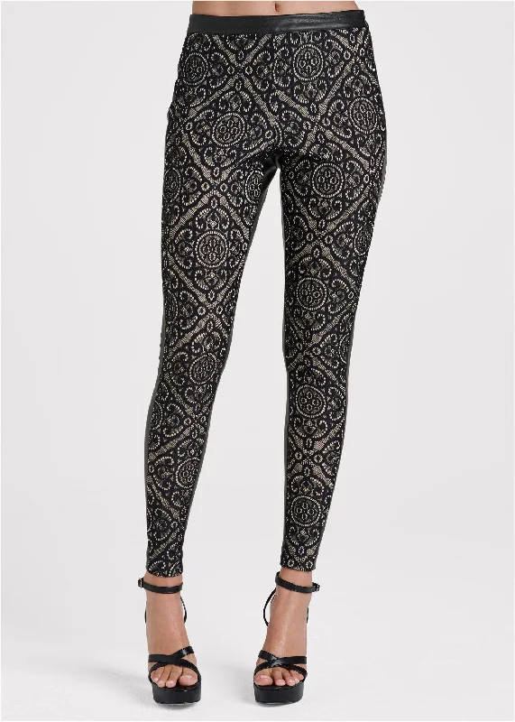 Faux-leather lace leggings - Black Multi