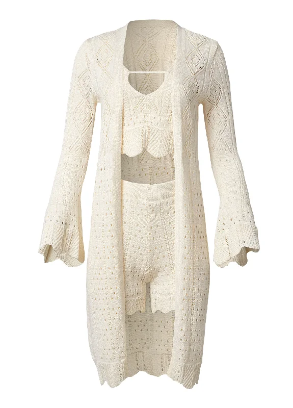 Open knit three-piece set - nude