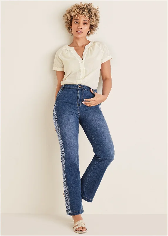 Side embroidered jeans  - Medium Wash