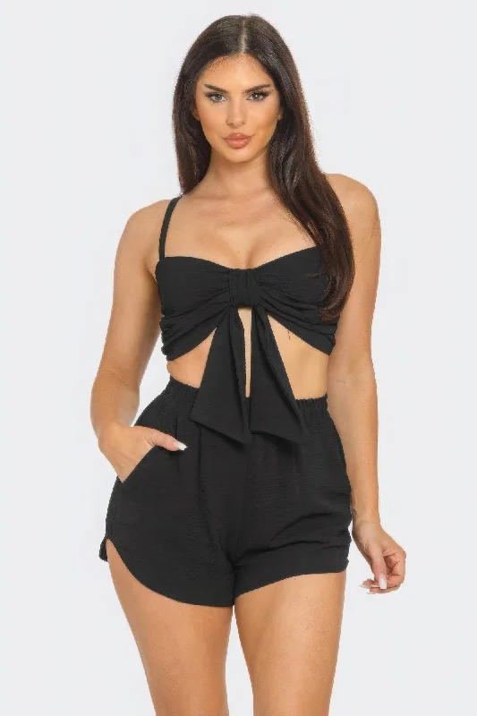 Hot Girl Oversized Bow Twisted Top And Shorts Two Piece Set In Black