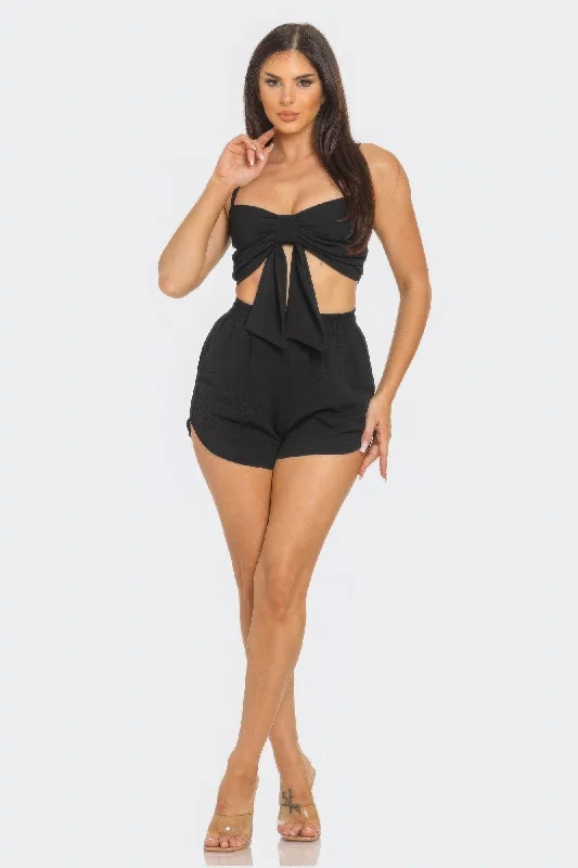 Hot Girl Oversized Bow Twisted Top And Shorts Two Piece Set In Black