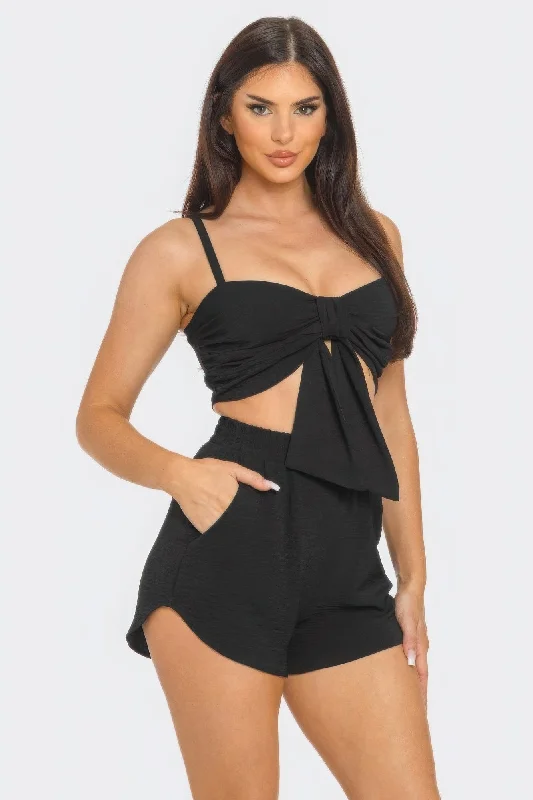 Hot Girl Oversized Bow Twisted Top And Shorts Two Piece Set In Black