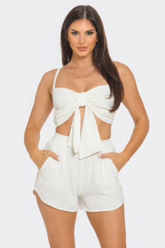 Hot Girl Oversized Bow Twisted Top And Shorts Two Piece Set In Ivory