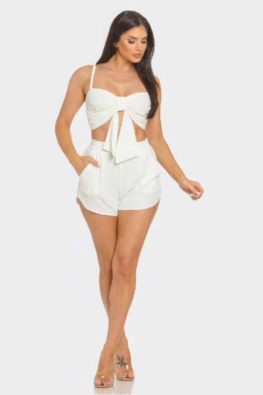 Hot Girl Oversized Bow Twisted Top And Shorts Two Piece Set In Ivory