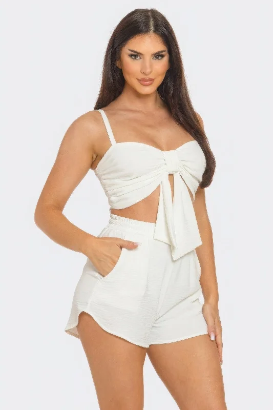 Hot Girl Oversized Bow Twisted Top And Shorts Two Piece Set In Ivory