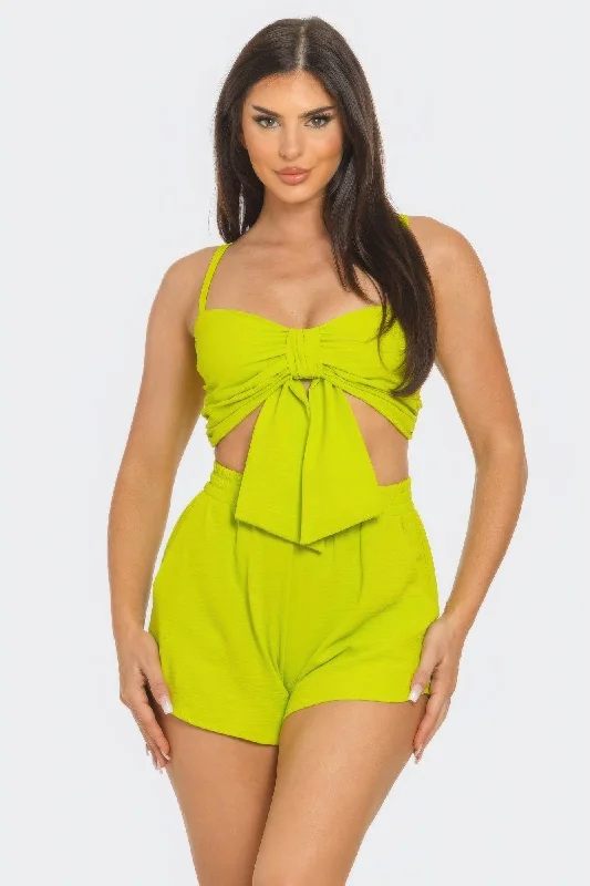 Hot Girl Oversized Bow Twisted Top And Shorts Two Piece Set In Lime