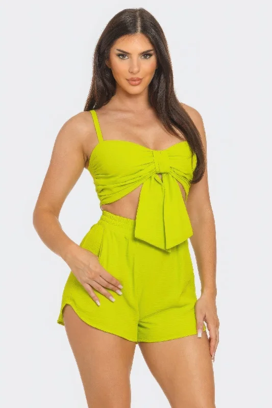 Hot Girl Oversized Bow Twisted Top And Shorts Two Piece Set In Lime