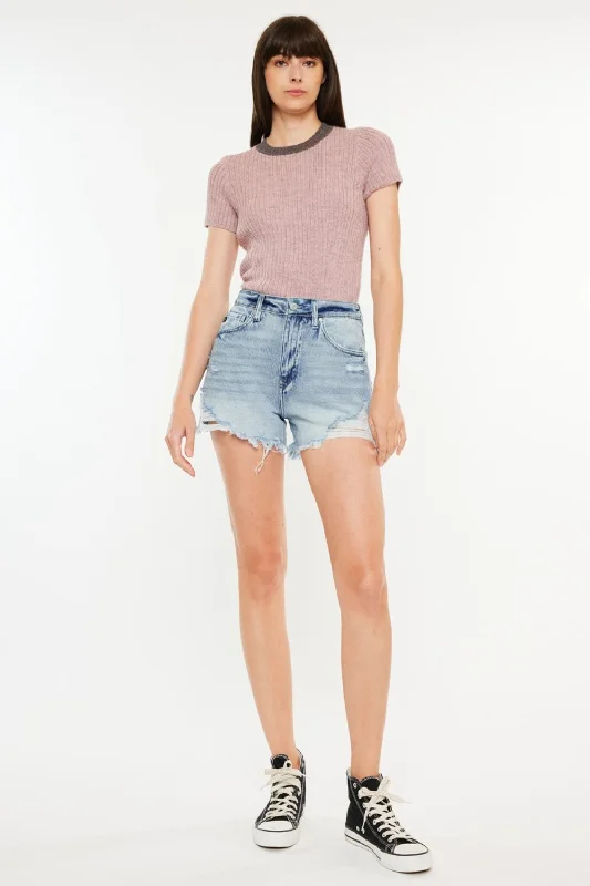 Hot Girl X Kancan Distressed High Waist Denim Shorts In Medium Wash