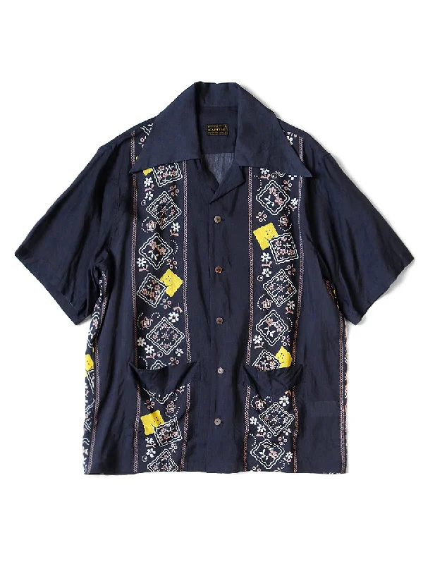 Kapital Silk Rayon PECKISH RAINBOWY WRANGLE Collar Cuba Shirt - Navy