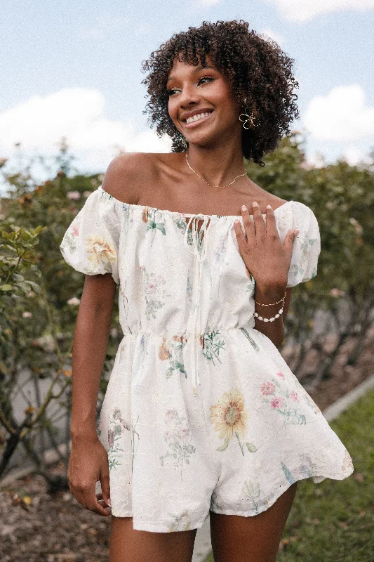 Keleigh Off Shoulder Romper - White Floral