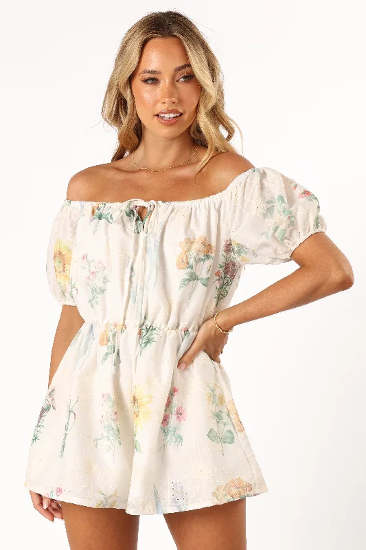 Keleigh Off Shoulder Romper - White Floral