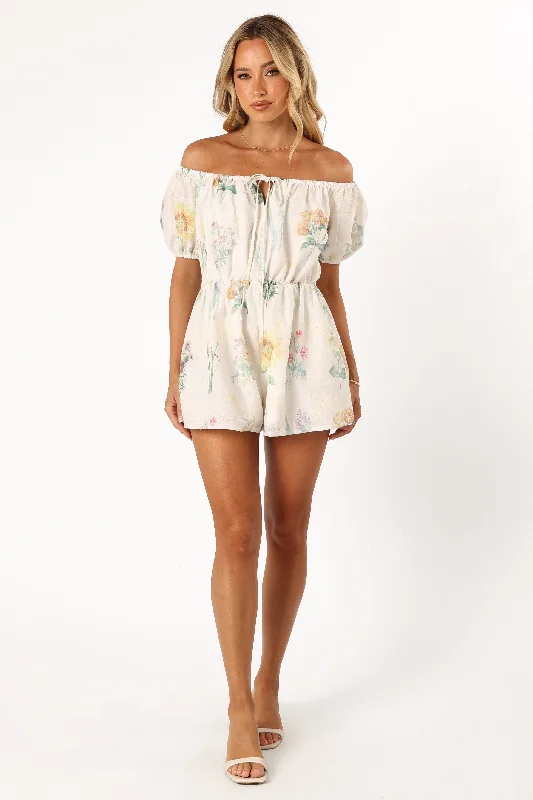 Keleigh Off Shoulder Romper - White Floral