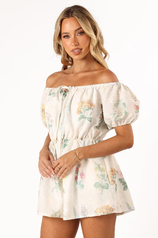 Keleigh Off Shoulder Romper - White Floral