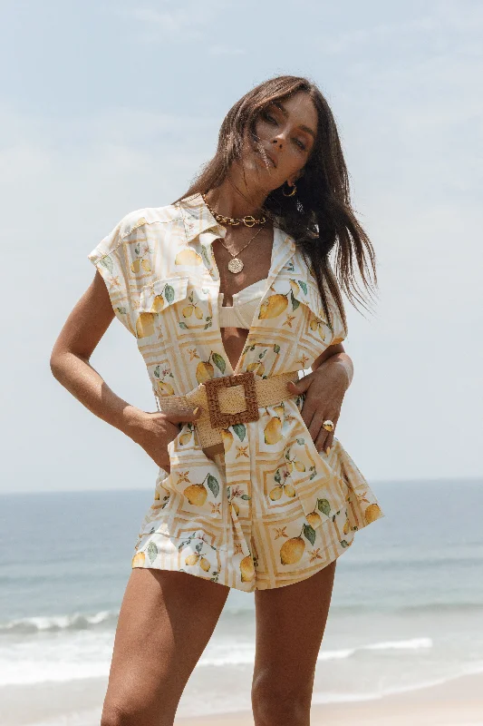 Mattina Tie Waist Romper - Lemon Print