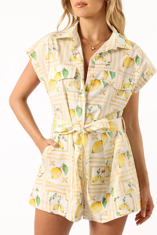 Mattina Tie Waist Romper - Lemon Print