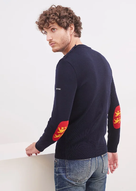 Mondiovision Normandy jumper - in wool, jacquard elbow patches (NAVY/MULTICO)