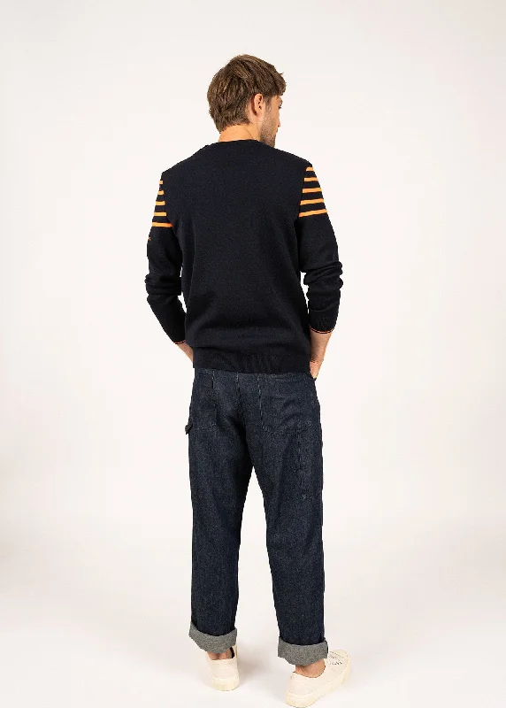 Sablons sailor jumper with shoulder striped yokes-  buttoned round neck, in wool (NAVY/ORANGE FLUO)