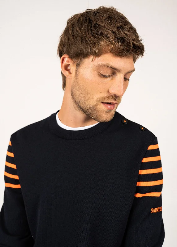 Sablons sailor jumper with shoulder striped yokes-  buttoned round neck, in wool (NAVY/ORANGE FLUO)