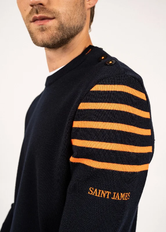 Sablons sailor jumper with shoulder striped yokes-  buttoned round neck, in wool (NAVY/ORANGE FLUO)