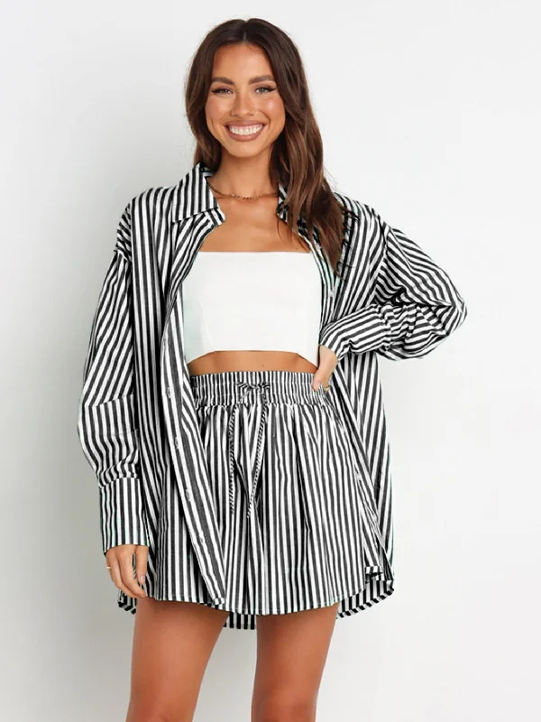 Hot Girl Striped Button Up Shoulder Shirt and Shorts Two Piece Set