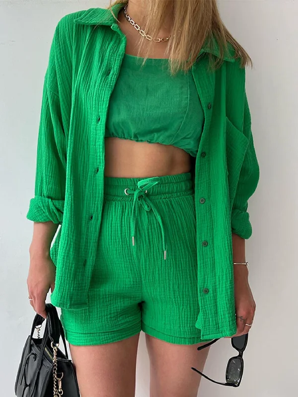 Hot Girl Soft Rayon Textured Button Up Shirt and Drawstring Shorts Two Piece Set