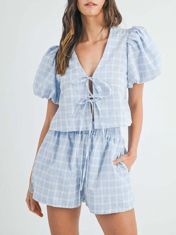 Hot Girl Pretty In Plaid Puff Sleeve Tied Top and Shorts Set