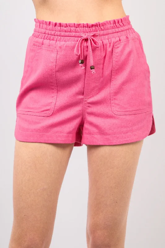 Hot Girl Drawstring Elastic Waist Linen Shorts In Pink