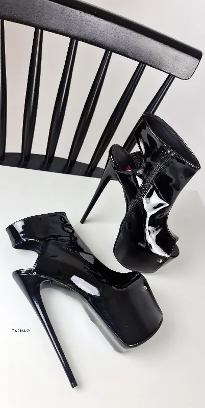 Ankle Cut Black Gloss Peep Toe High Heels