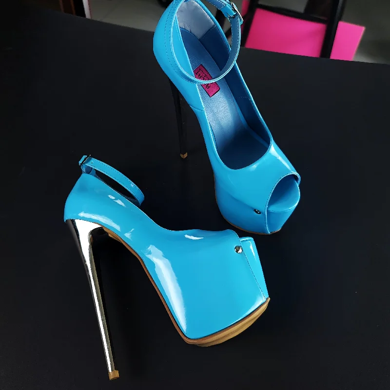 Baby Blue Gloss Ankle Strap Metallic High Heels