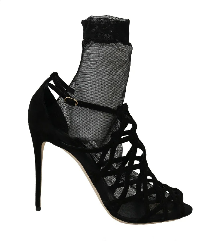 Dolce & Gabbana Black Suede Tulle Ankle Boot Women's Sandals