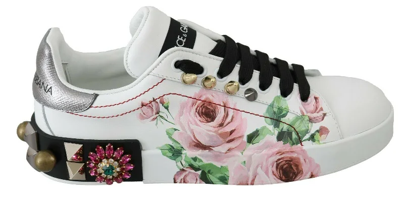 Dolce & Gabbana Floral Crystal-Embellished Leather Women's Sneakers