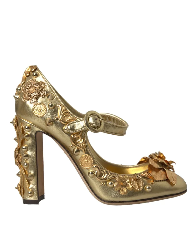 Dolce & Gabbana Gold Leather Crystal Mary Janes Pumps Women's Shoes