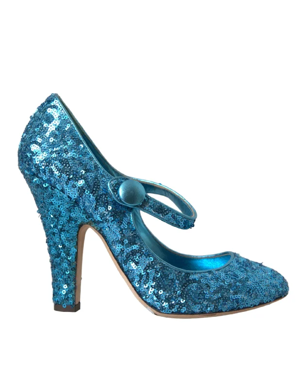 Dolce & Gabbana Blue Sequin Mary Jane Pumps High Heels Women's Shoes