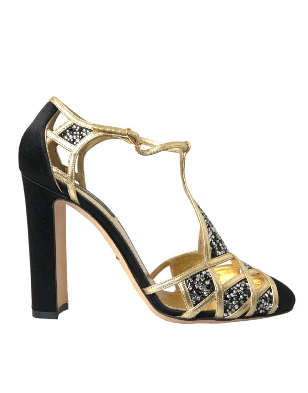 Dolce & Gabbana Black Suede Gold Embellished Heels Pump Women's Shoes