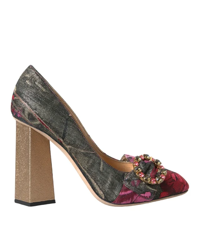 Dolce & Gabbana Multicolor Floral Jacquard Crystal Heels Pumps Women's Shoes