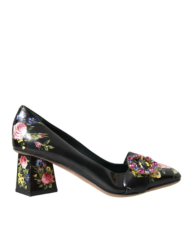 Dolce & Gabbana Black Floral Crystals Leather Pumps Women's Shoes