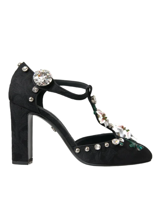 Dolce & Gabbana Black Lilies Crystal Heels Pumps Women's Shoes