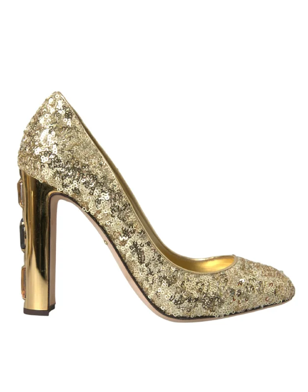 Dolce & Gabbana Gold Sequin Crystal Heels Pumps Women's Shoes