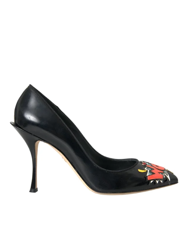 Dolce & Gabbana Black Leather WOW Patch Heels Pumps Women's Shoes